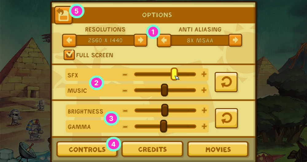 A dense Scribblenauts Unlimited settings screen illustrating grouped information, slider controls, resolution adjustments, and secondary navigation. Demonstrates effective hierarchy and functional UI components.