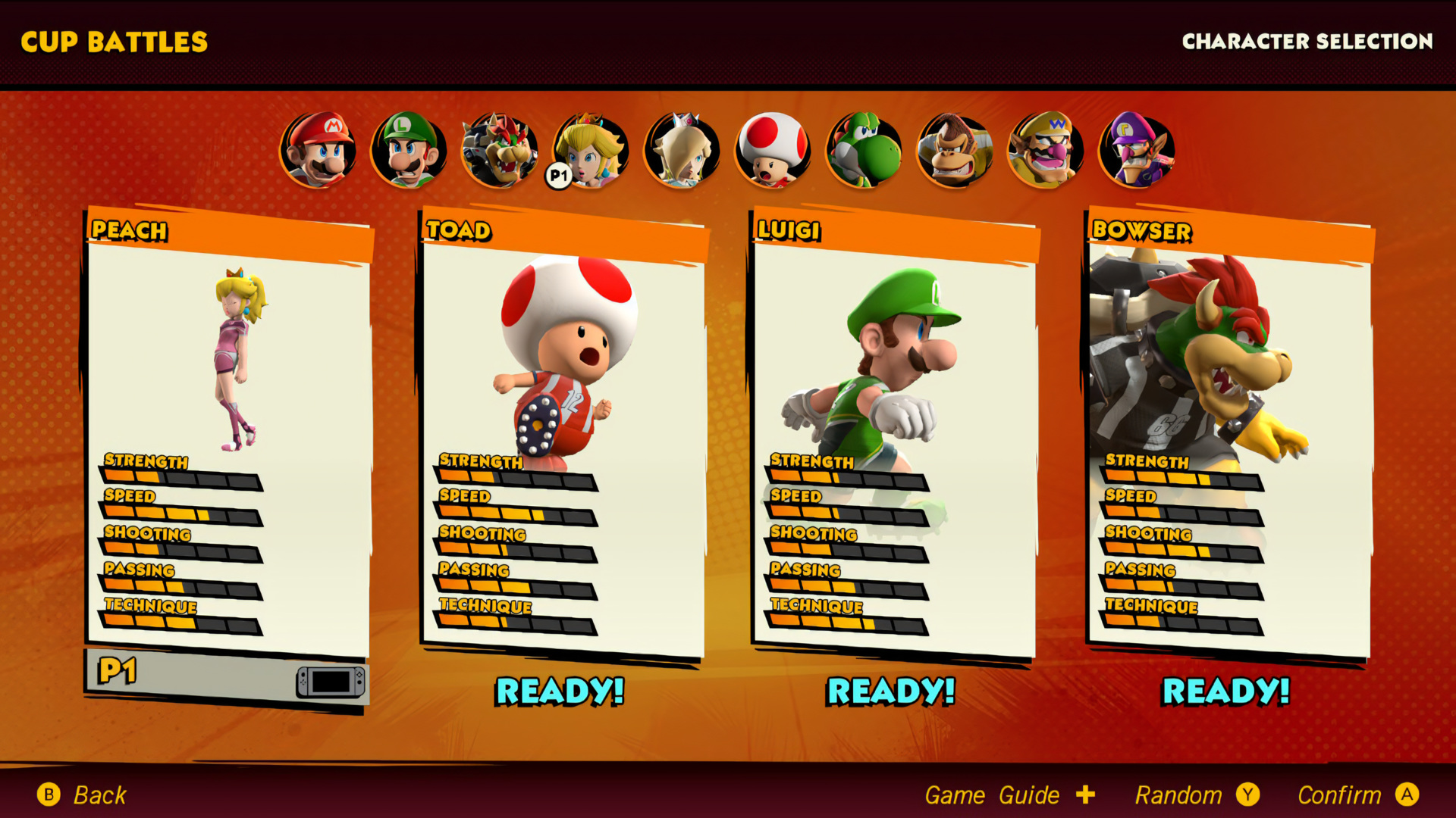 Mario Strikers Battle League character selection.
