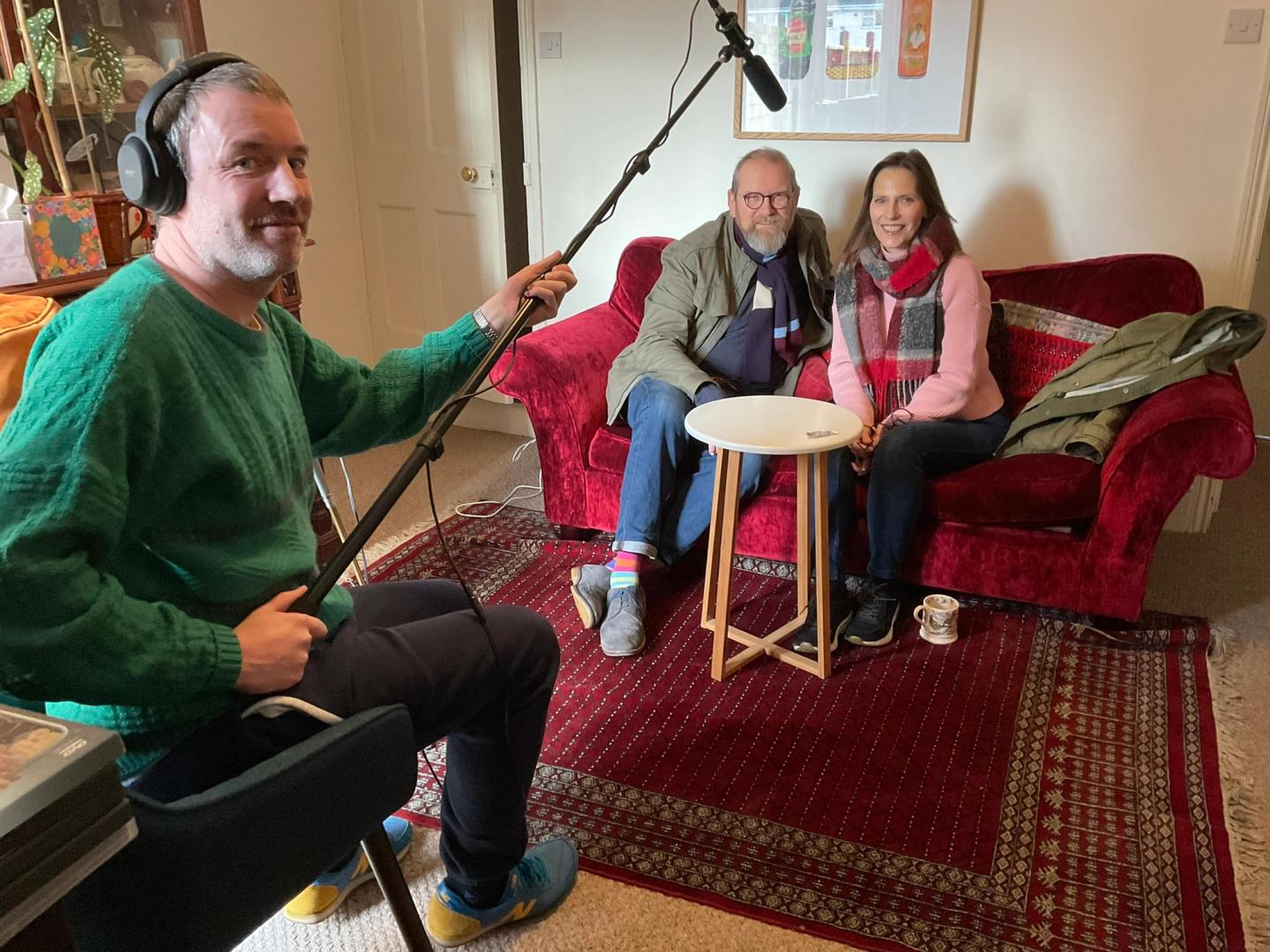 Andy Round recording voices with Claire Worboys and Johnathan Derby.