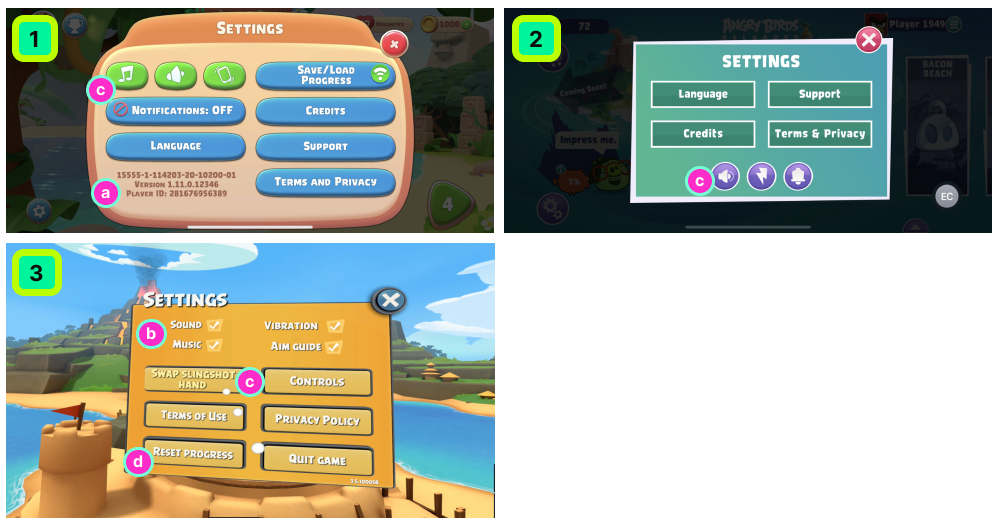 Three different Angry Birds settings screens showing how the same menu changes across games. Highlights differences in information hierarchy, clarity of toggles, button behaviors, and layout decisions.