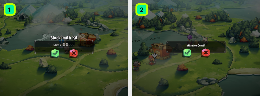 Two Cat Quest II confirmation dialogs showing how accept and cancel actions are visualized. Compares icon clarity, button color choices, and the risk of accidental confirmation through pattern repetition.