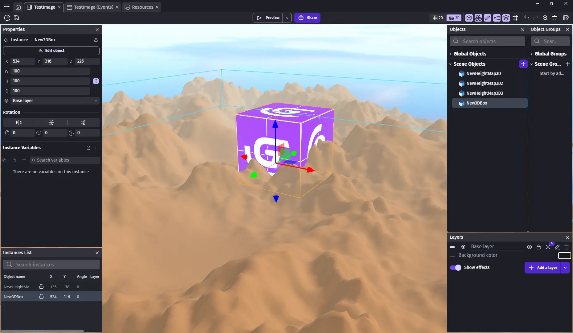 3D Height Map in GDevelop 3D editor