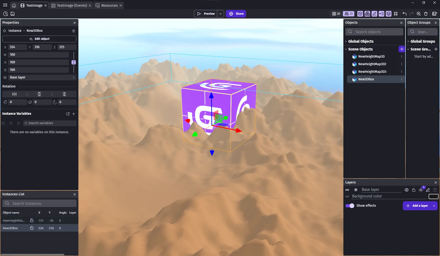 3D Height Map in GDevelop 3D editor