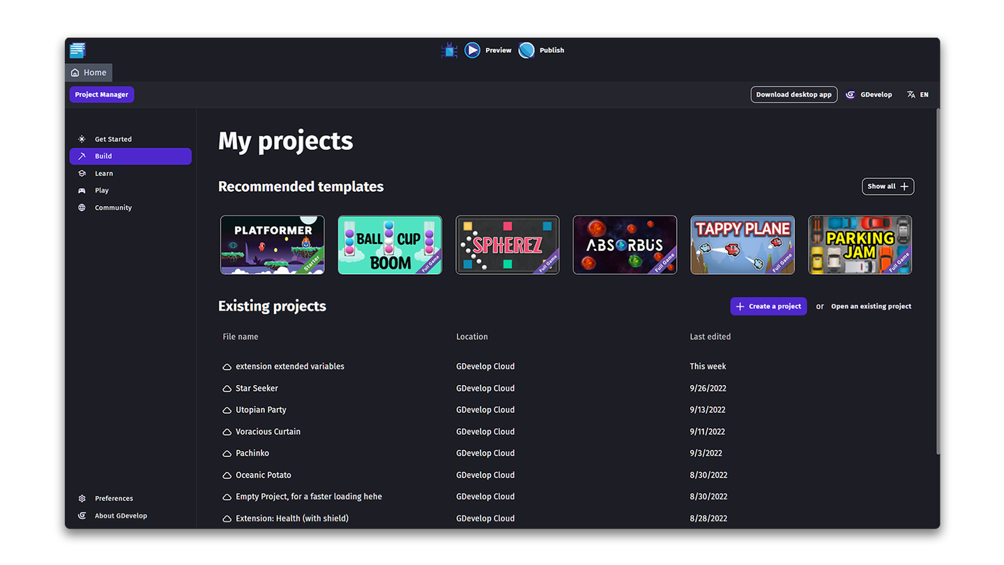 The new GDevelop homepage.