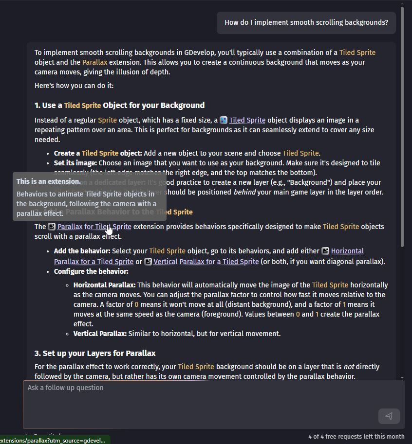The Chat AI even tells you when an element is an Action or a Condition, and points you to the wiki page. 