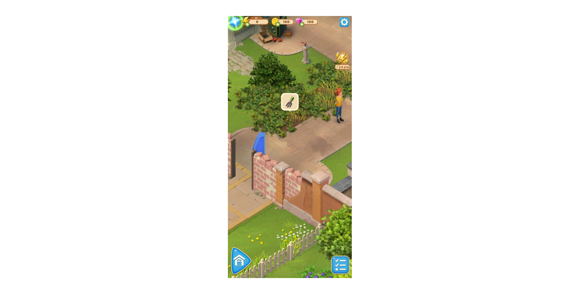 Garden gameplay scene where a character stands near bushes and a task prompt appears, instructing the player to trim or interact with greenery.