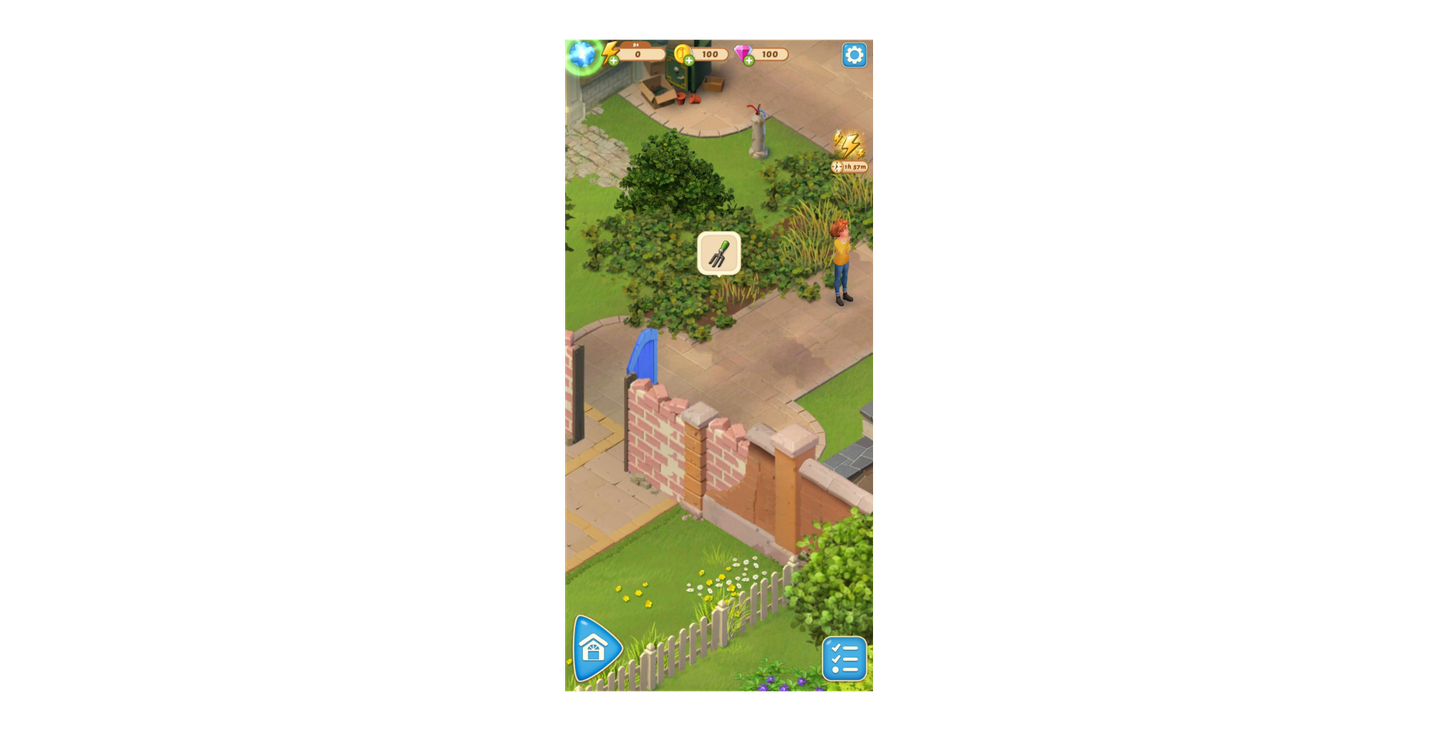 Garden gameplay scene where a character stands near bushes and a task prompt appears, instructing the player to trim or interact with greenery.