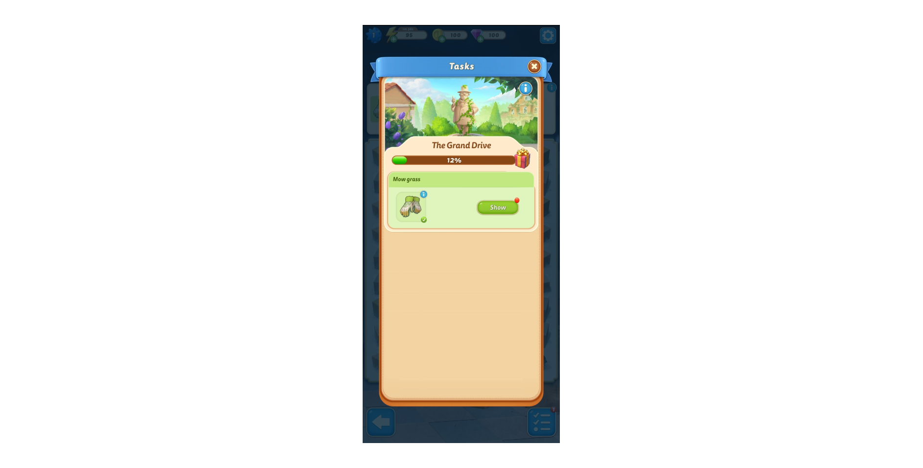 Task menu in a mobile casual game showing progress on “The Grand Drive” with a visual reward bar and an active goal to mow grass.