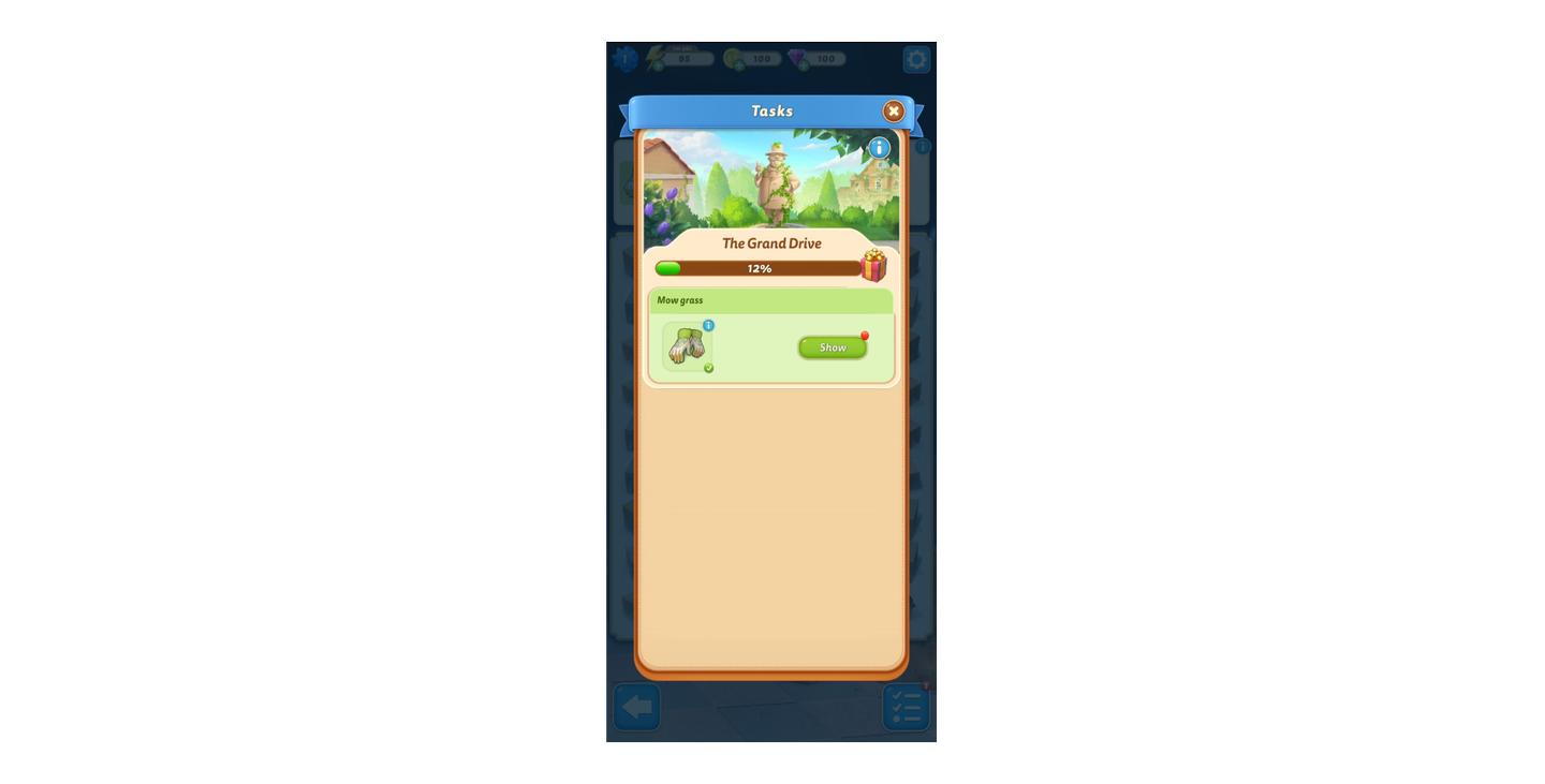 Task menu in a mobile casual game showing progress on “The Grand Drive” with a visual reward bar and an active goal to mow grass.