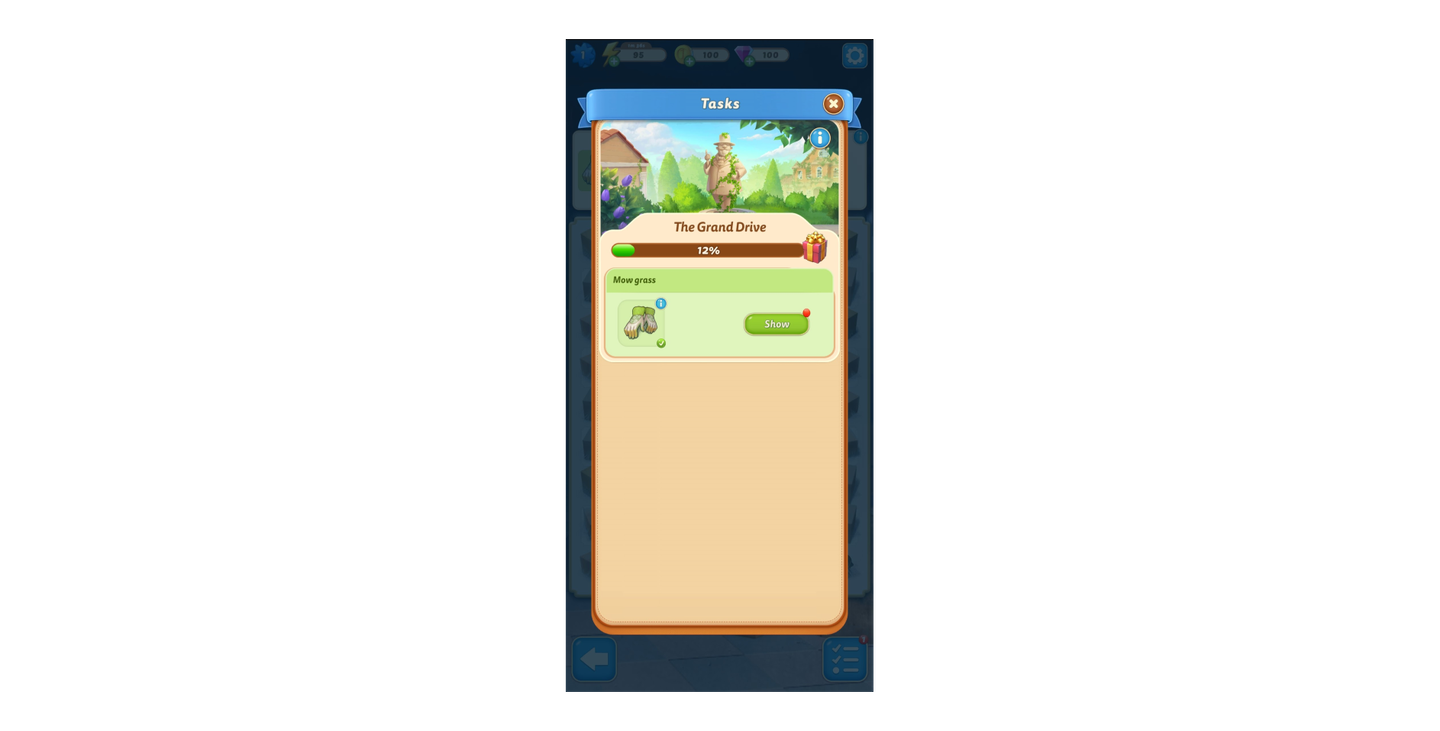 Task menu in a mobile casual game showing progress on “The Grand Drive” with a visual reward bar and an active goal to mow grass.