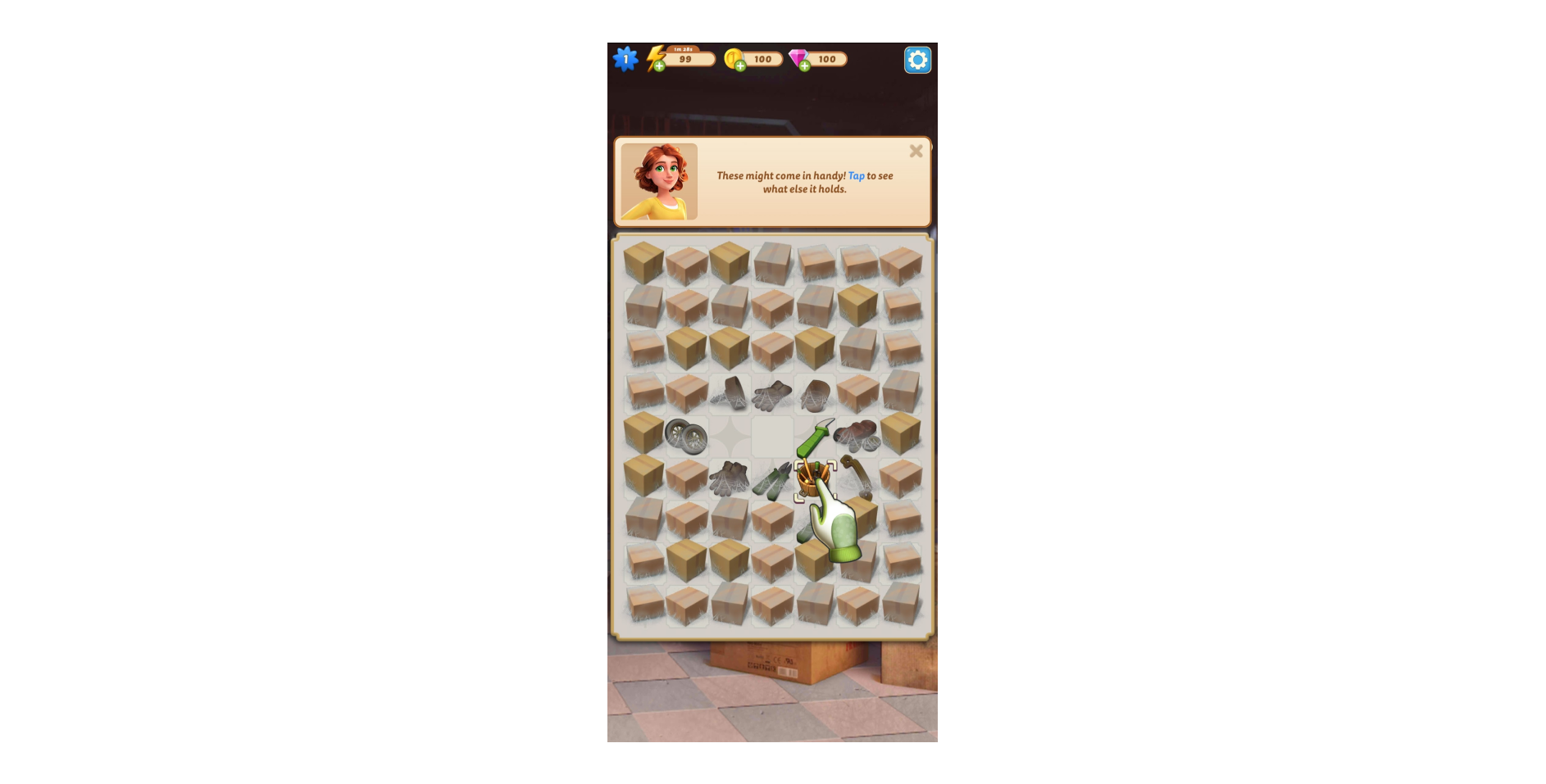 Mobile merge puzzle showing player interaction to tap and open a merged item, with a character suggesting usefulness of discovered tools.