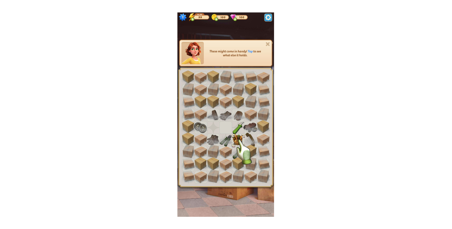 Mobile merge puzzle showing player interaction to tap and open a merged item, with a character suggesting usefulness of discovered tools.