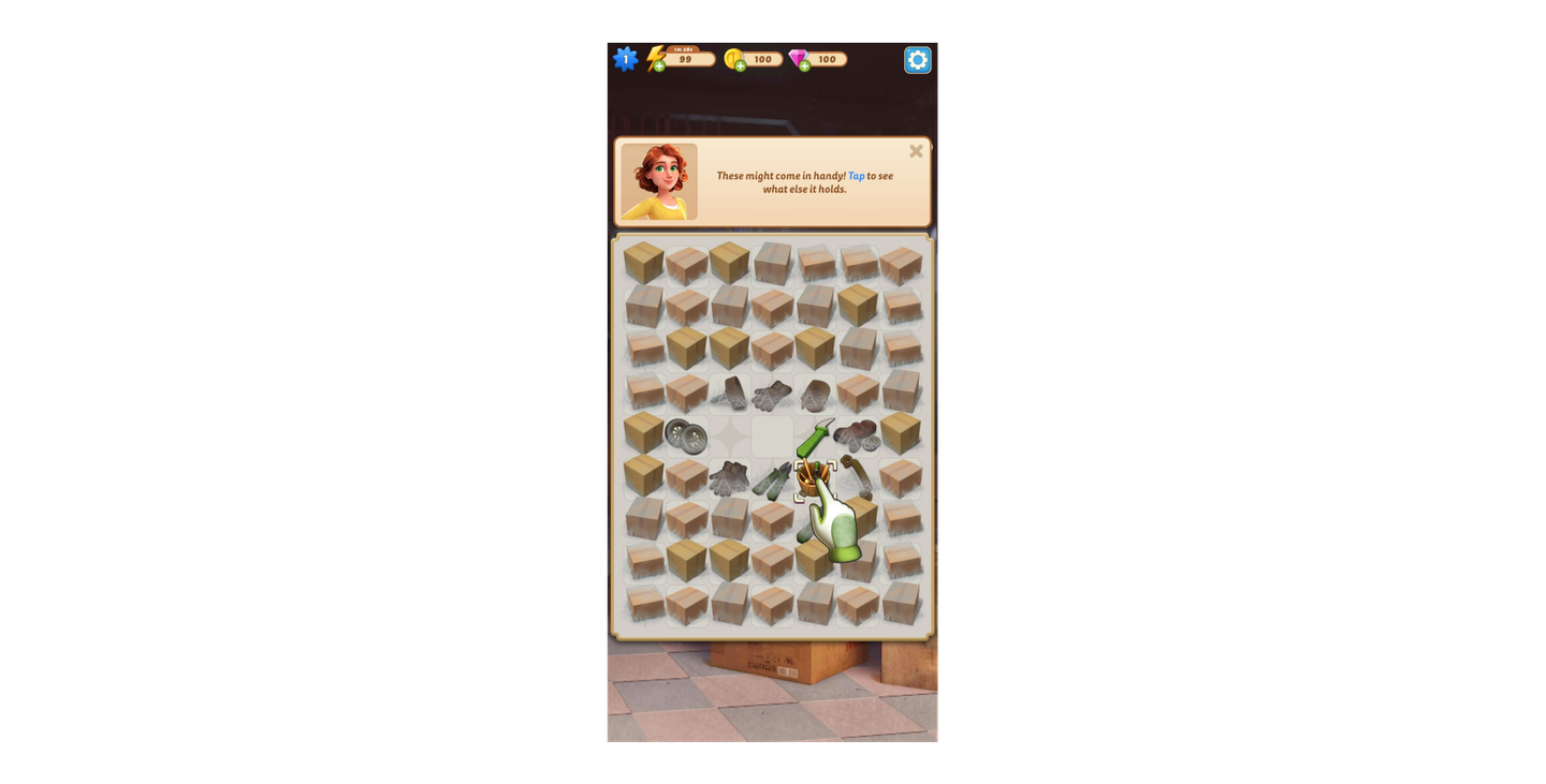 Mobile merge puzzle showing player interaction to tap and open a merged item, with a character suggesting usefulness of discovered tools.