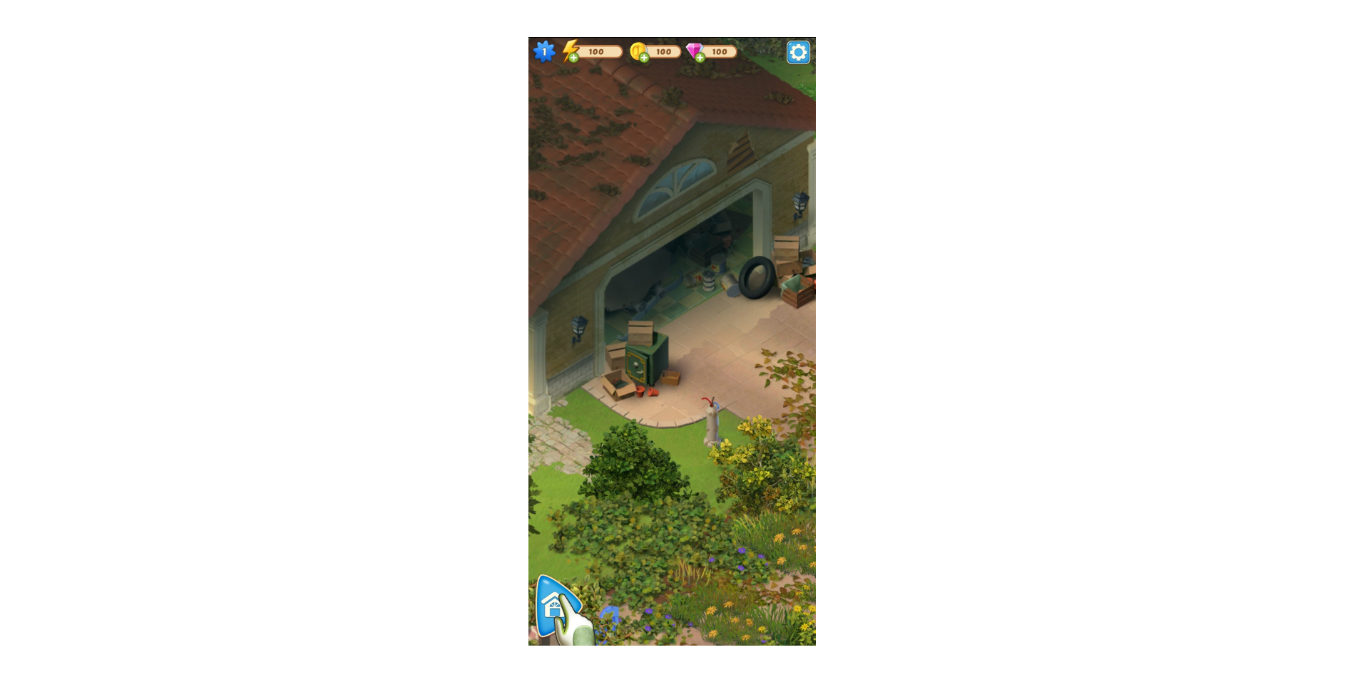 Overhead view of a cluttered garage and garden in a mobile casual game, showing an early restoration scene with boxed items and a green safe.