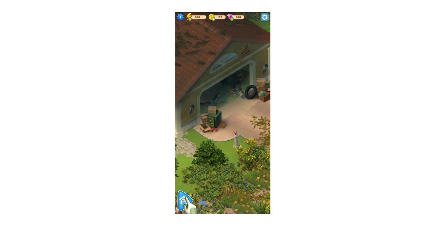 Overhead view of a cluttered garage and garden in a mobile casual game, showing an early restoration scene with boxed items and a green safe.