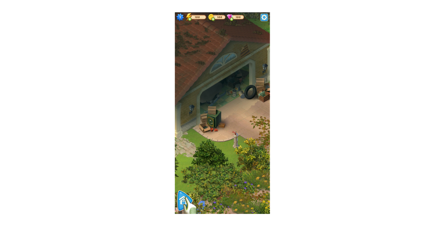 Overhead view of a cluttered garage and garden in a mobile casual game, showing an early restoration scene with boxed items and a green safe.