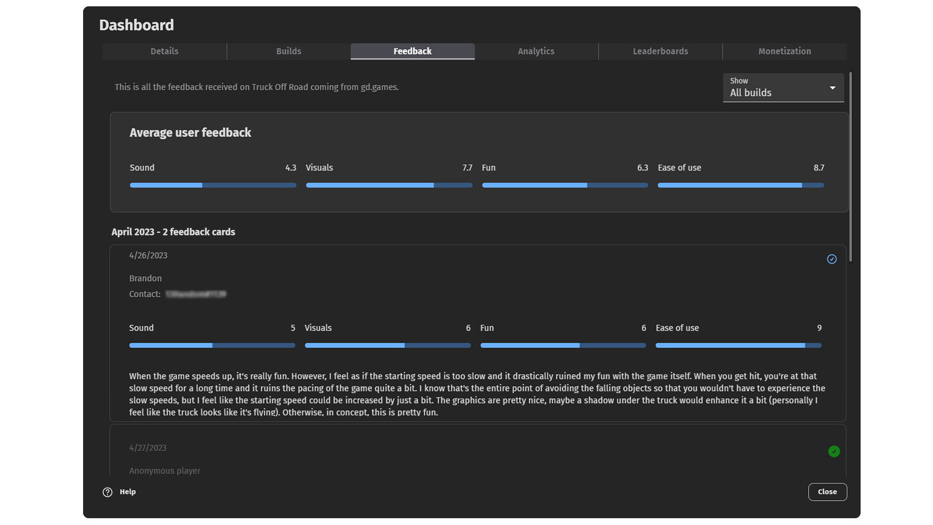 The dashboard of player's feedbacks for a game on gd.games.