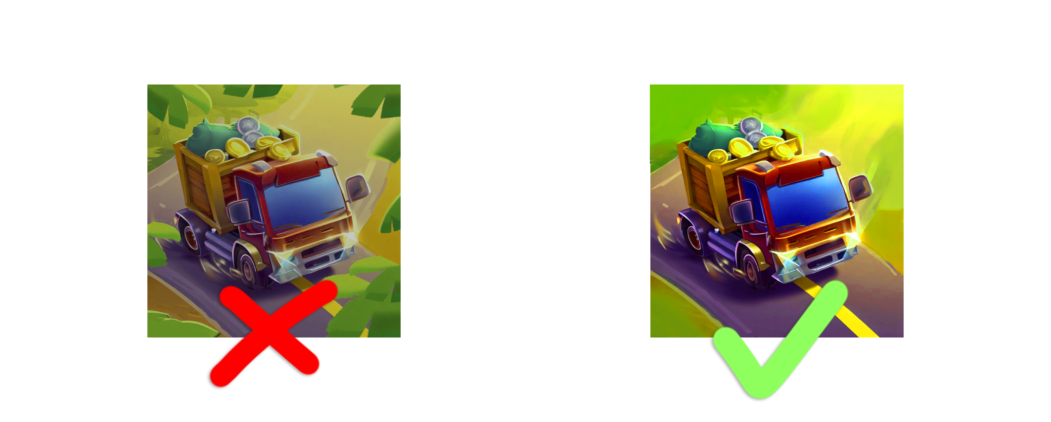 A comparaison of a bad and a good icon/thumbnail for a game.