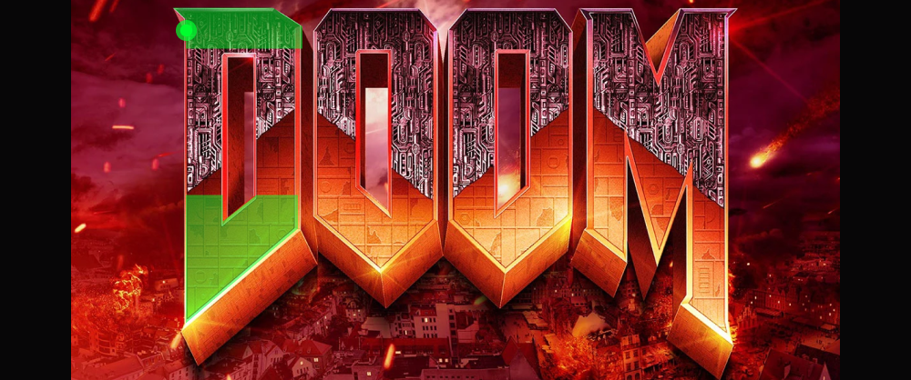 "Doom" videogame logo against a busy background