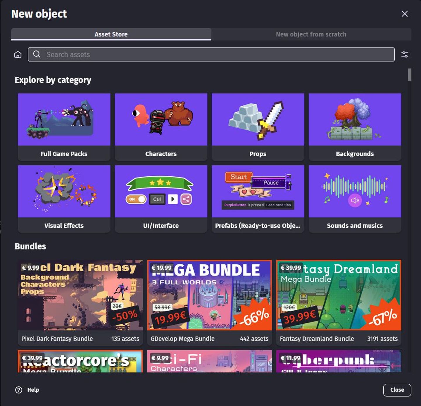 The GDevelop asset store has thousands of free and premium assets to get you started quickly. 