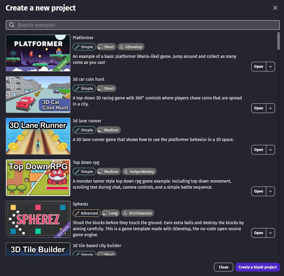 GDevelop has tons of starter templates and projects. 