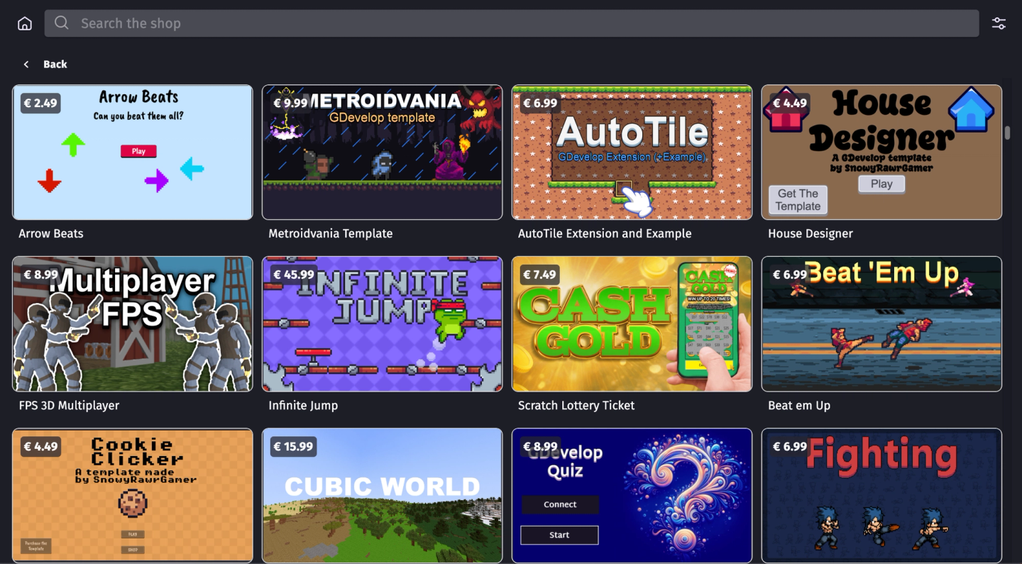 The GDevelop Shop with games templates and assets packs.