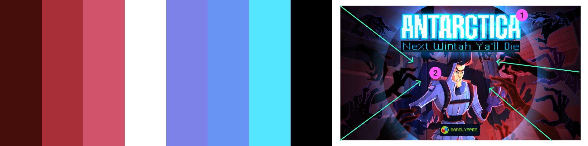 Neon-lit survival game poster featuring a character in winter gear fending off shadow creatures, with comic-style annotations and cool blue/purple tones.