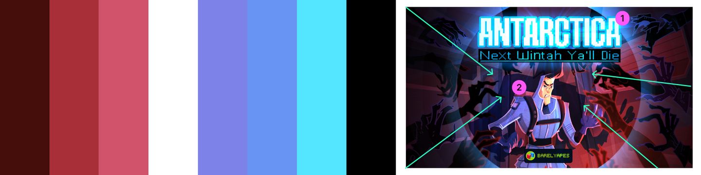 Neon-lit survival game poster featuring a character in winter gear fending off shadow creatures, with comic-style annotations and cool blue/purple tones.