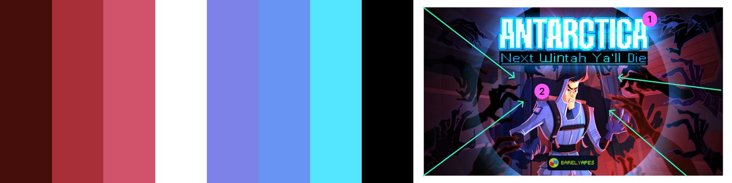 Neon-lit survival game poster featuring a character in winter gear fending off shadow creatures, with comic-style annotations and cool blue/purple tones.