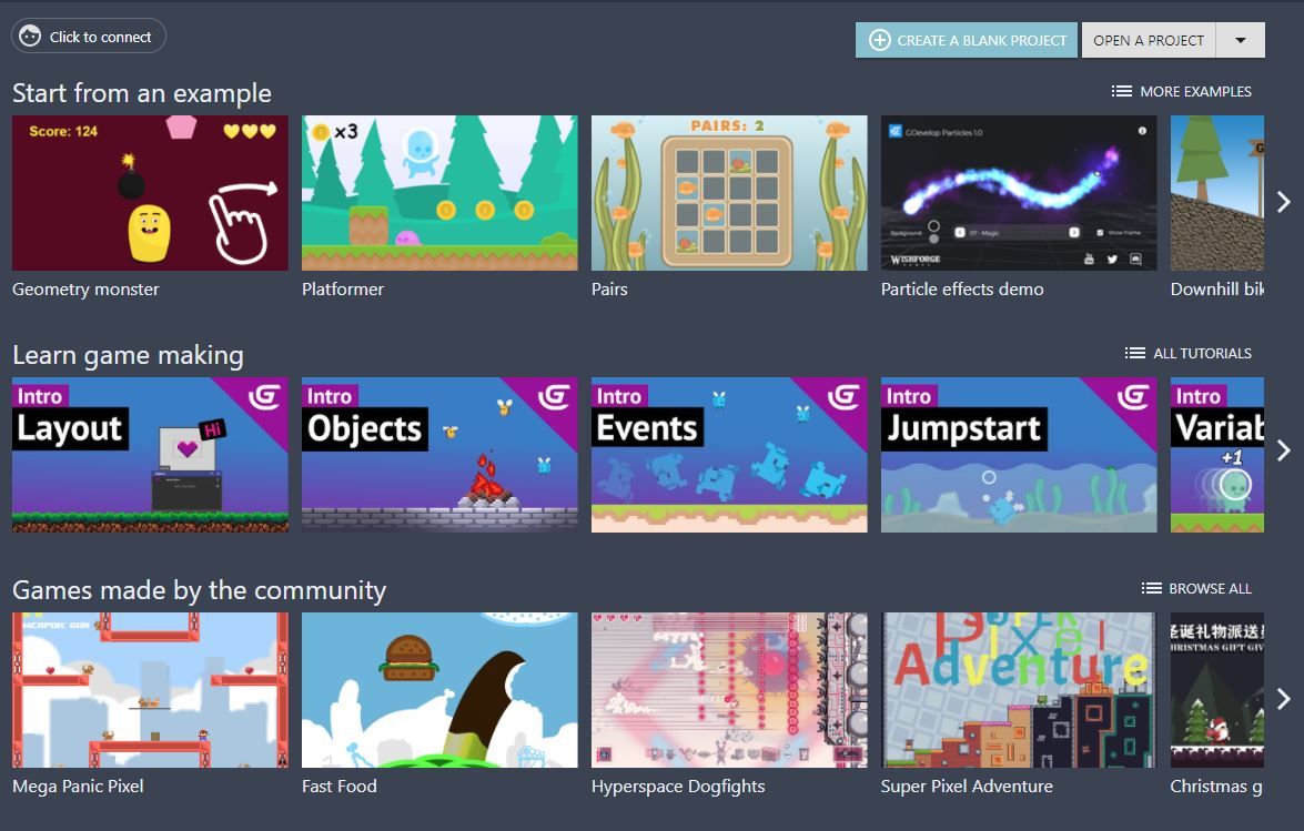 GDevelop comprend plusieurs exemples pour commencer à créer une variété de types de jeux.