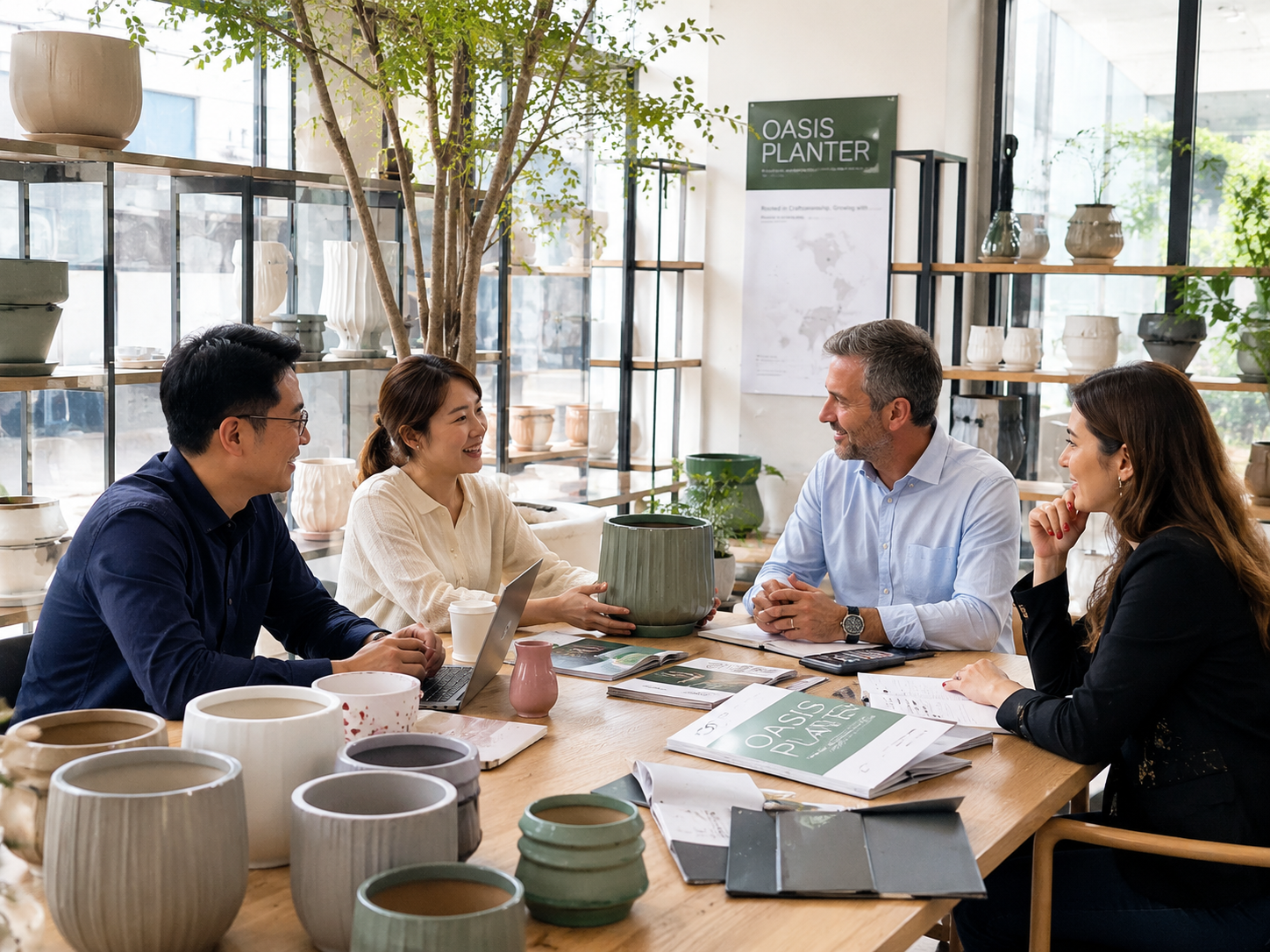 Two business partners shaking hands in a modern showroom with planters
