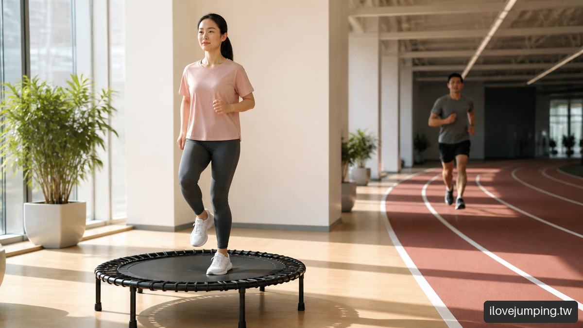 成人在小型跳床上活動的 AI 情境示意圖
