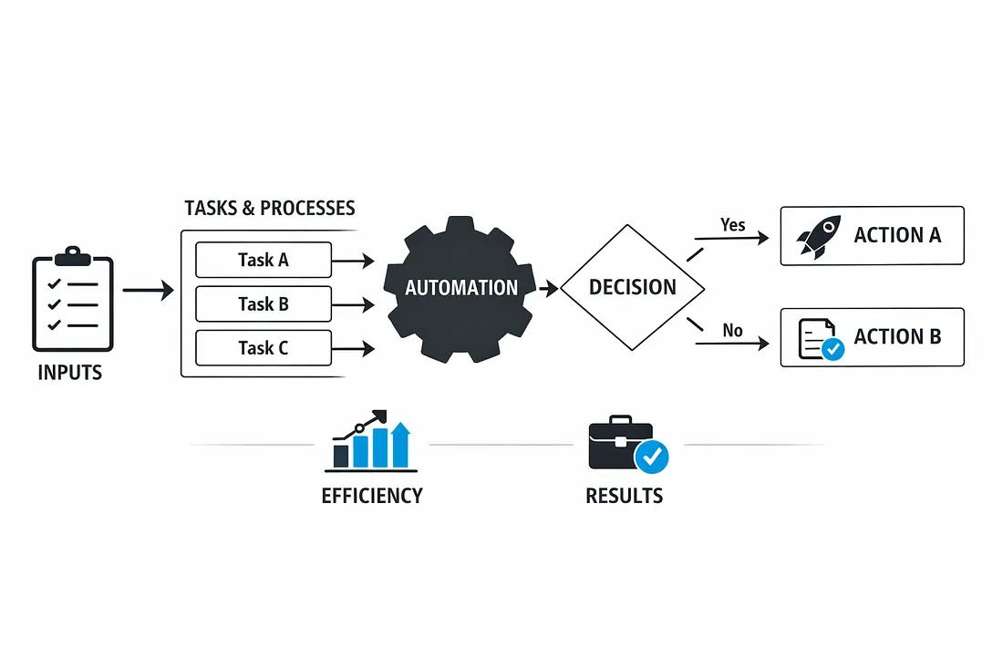 Automation process diagram showing inputs, tasks, decision points and outcomes — the correct mental model