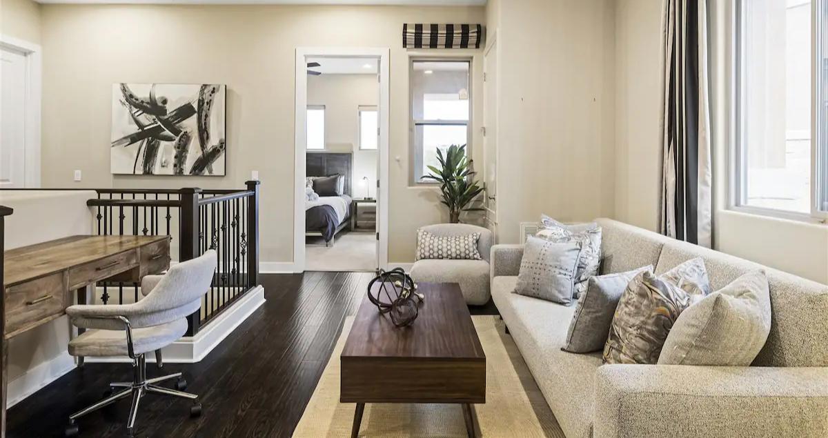 Cozy modern living room in a furnished home designed to meet TDY-ready standards for military guests