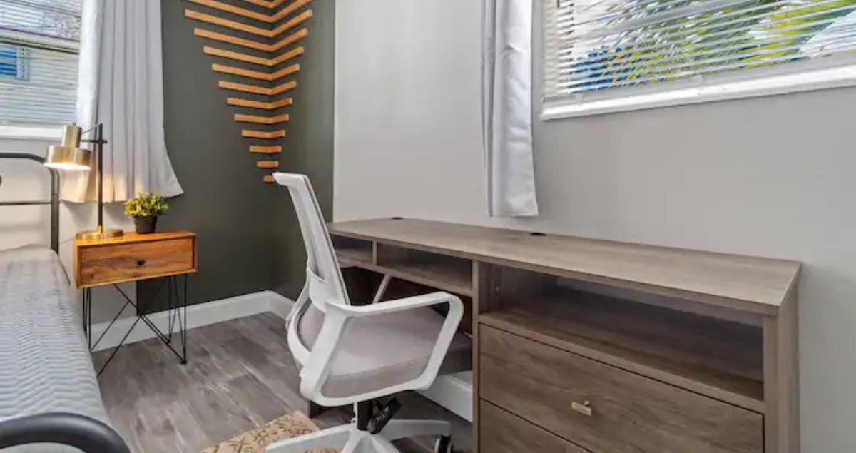 Work desk setup in a TDY rental showing a practical workspace for short-term military stays