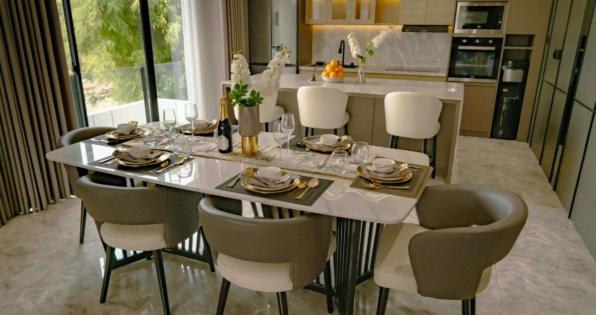 Elegant and modern dining area in a TDY rental, ideal for military personnel near Vandenberg SFB
