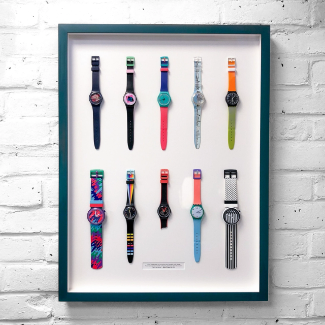 object framed swatch watches in multiple colours.