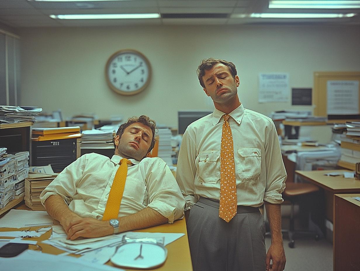 employees sleeping in an office from the 60s