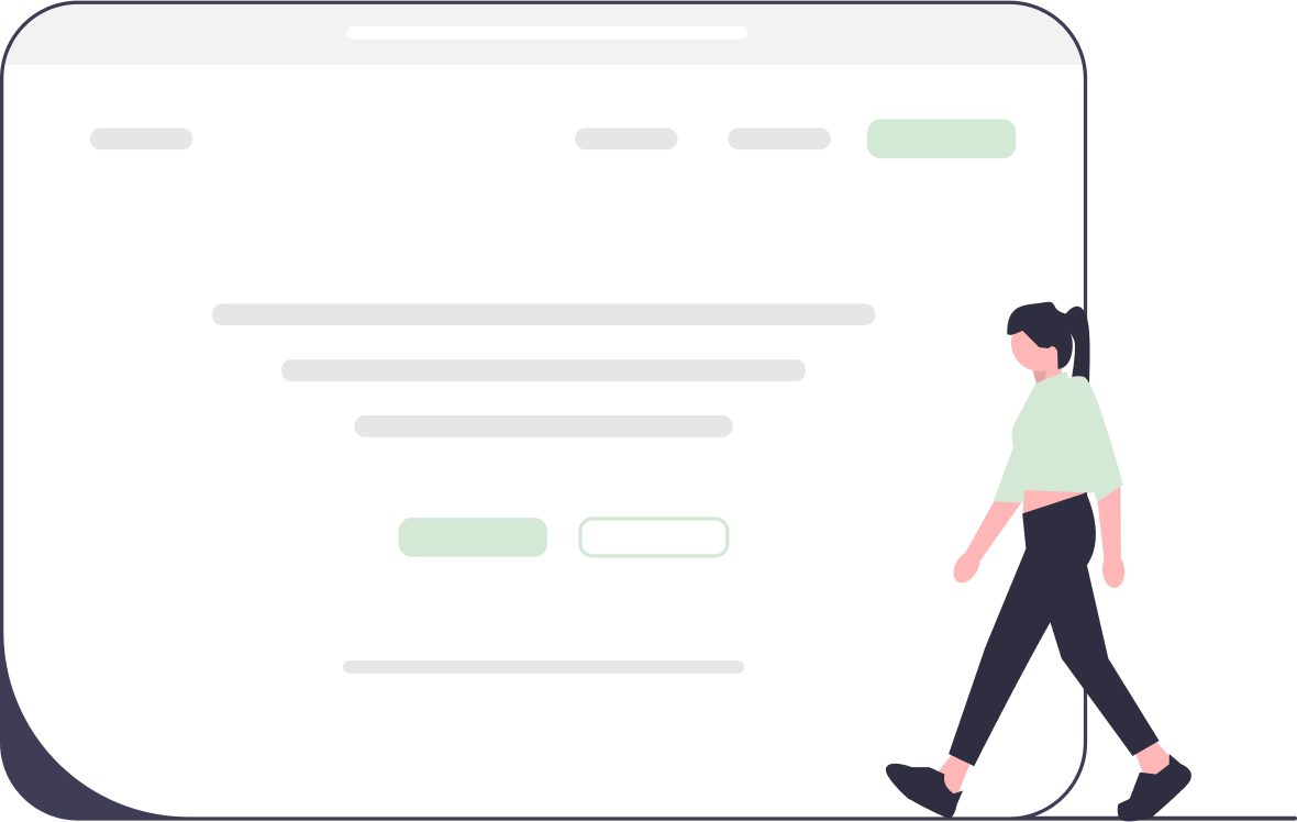 An illustration of a website and a person walking in front of it