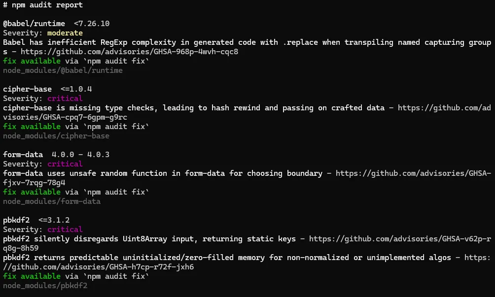 npm audit output