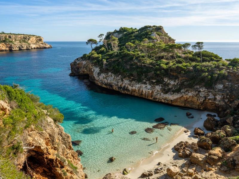 Secluded beach in Mallorca with white sand and turquoise water