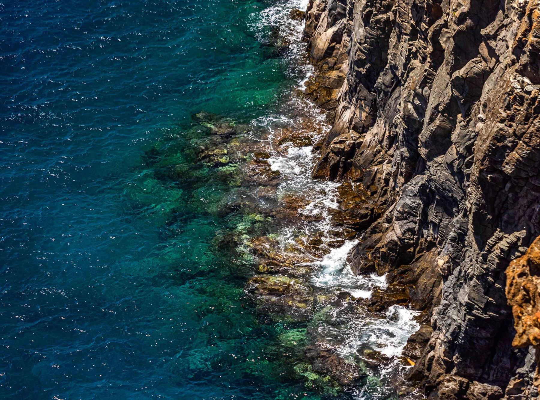 Rugged cliff face meeting clear turquoise water, seen from above.