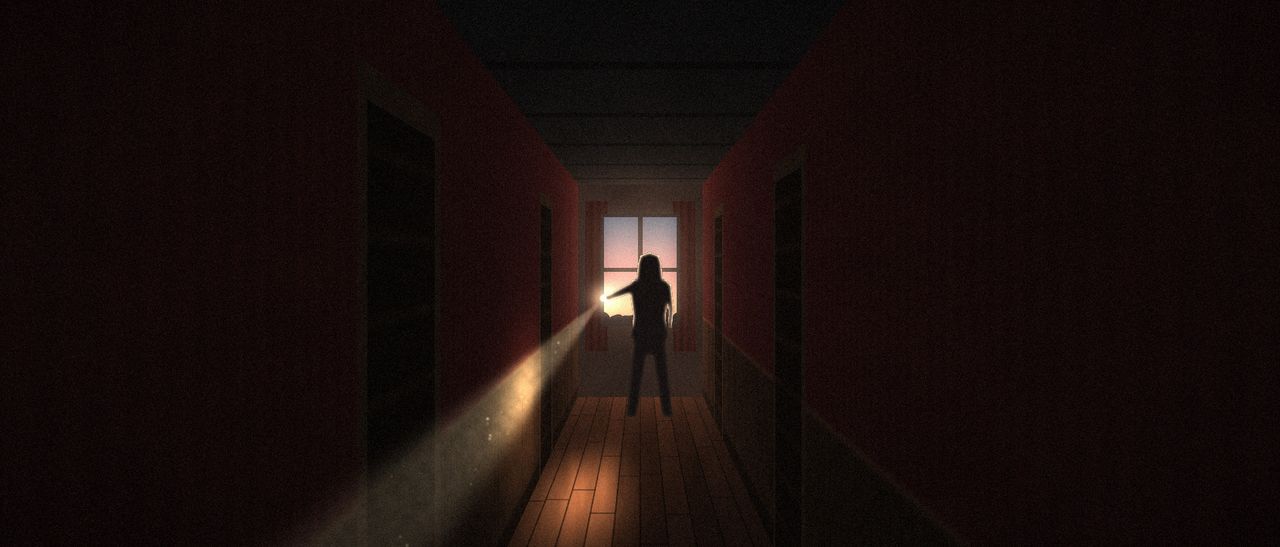 Final girl in a horror movie: a lone young woman with a flashlight at the end of a dark farmhouse hallway at dawn