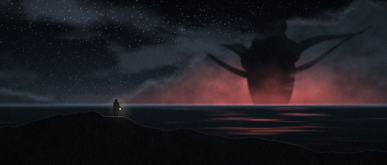 Cosmic horror vs Lovecraftian horror: a lone figure with a lantern on a dark rocky shore, facing a colossal shadowy shape in red-lit clouds over the sea