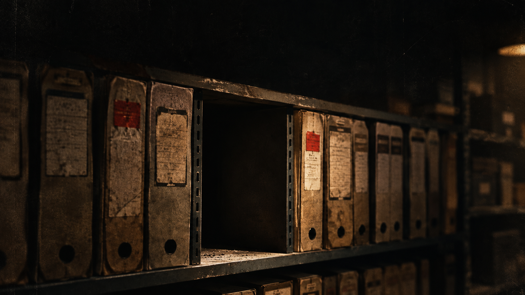 An archival file room shelf with one folder pulled and missing, representing a horror movie leaving streaming.