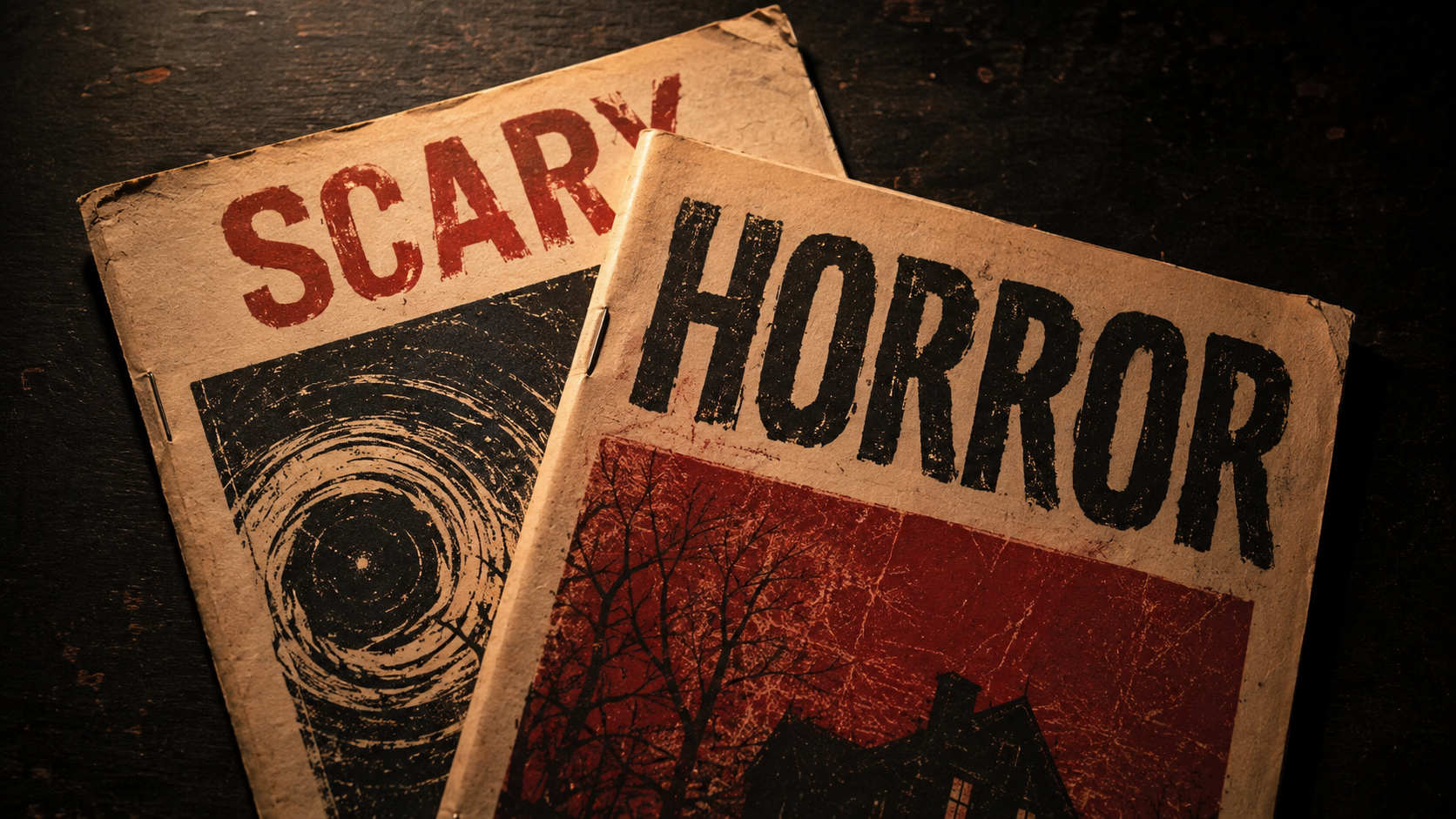 Two overlapping vintage fanzines labeled “HORROR” and “SCARY,” illustrating the relationship between scary movies vs horror movies.