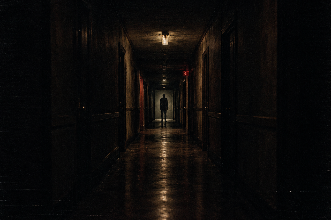 A shadowed figure standing still at the end of a dim hallway, showing what makes a horror villain scary through restraint and implication
