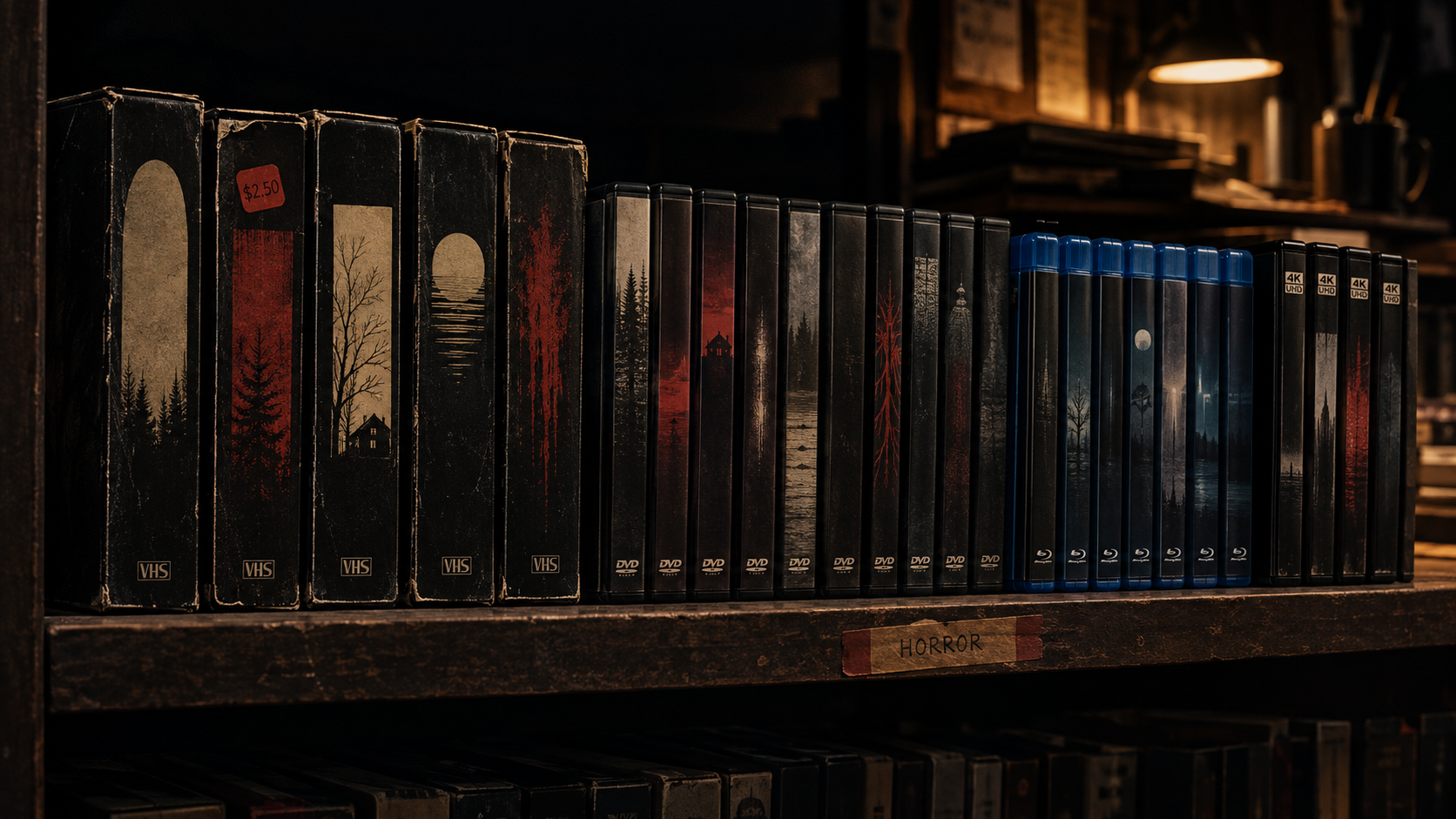 A shelf of horror movies on physical media, with VHS tapes, DVDs, and Blu-ray discs arranged by format