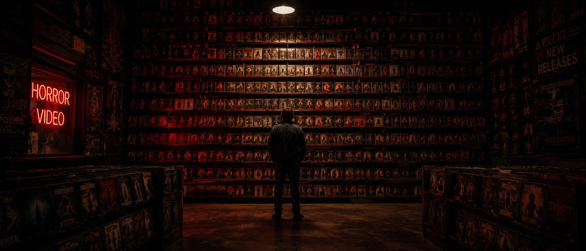 A dimly lit shelf of VHS tapes representing different horror subgenres, illustrating how to choose a horror movie by mood or type.