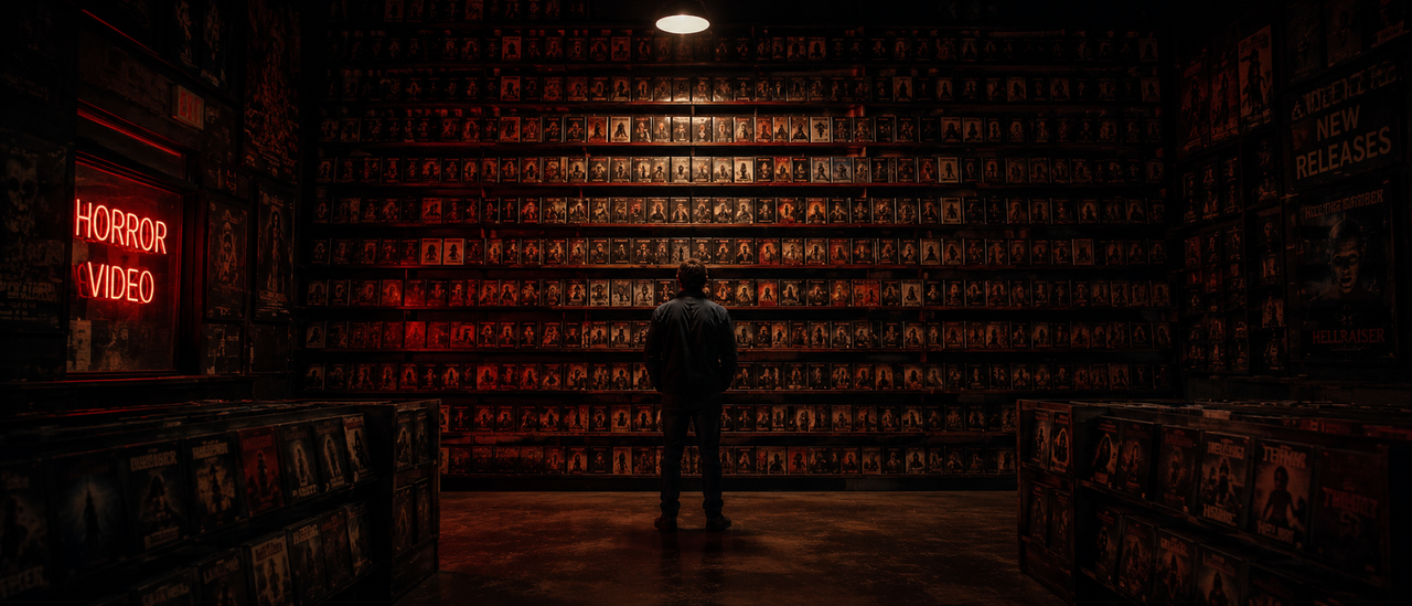 A dimly lit shelf of VHS tapes representing different horror subgenres, illustrating how to choose a horror movie by mood or type.